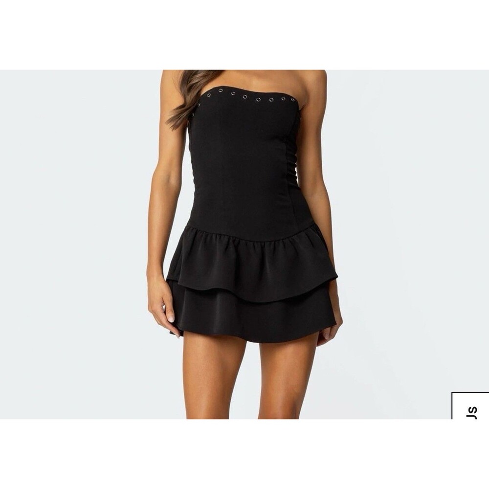 Edikted Double Ruffle Drop Waist Mini Dress Medium Black